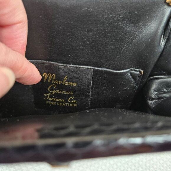 Vintage 60s Marlene Gaines Black Eel Leather Purse Gold Clasp Shoulder Strap - Picture 10 of 10